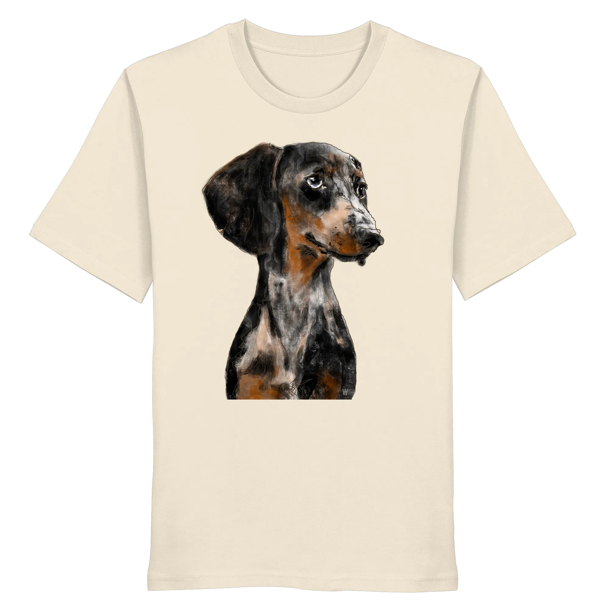 Handgezeichnetes Dackel-Motiv "Klugi" auf einem Bio-T-Shirt in Cremeweiß.