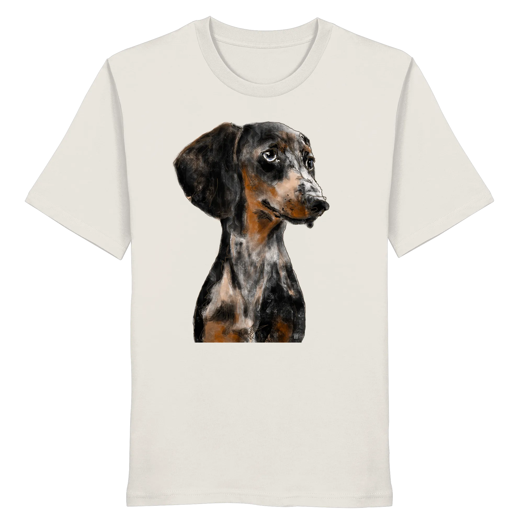 Handgezeichnetes Dackel-Motiv "Klugi" auf einem Bio-T-Shirt in Off-white.