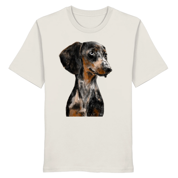 Handgezeichnetes Dackel-Motiv "Klugi" auf einem Bio-T-Shirt in Off-white.