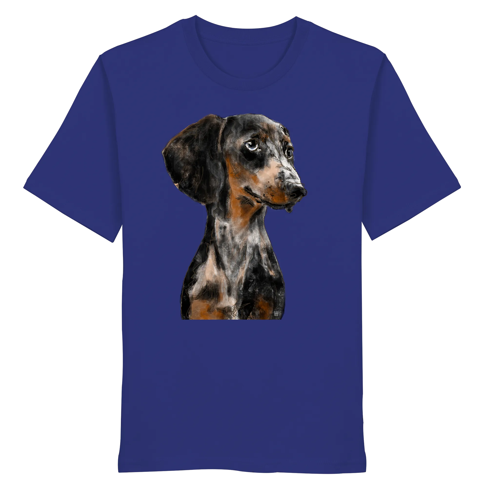 Handgezeichnetes Dackel-Motiv "Klugi" auf einem Bio-T-Shirt in Ultramarinblau.