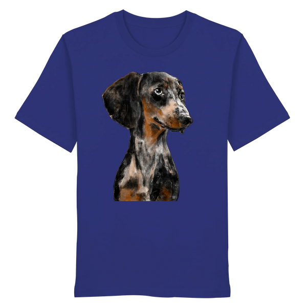 Handgezeichnetes Dackel-Motiv "Klugi" auf einem Bio-T-Shirt in Ultramarinblau.