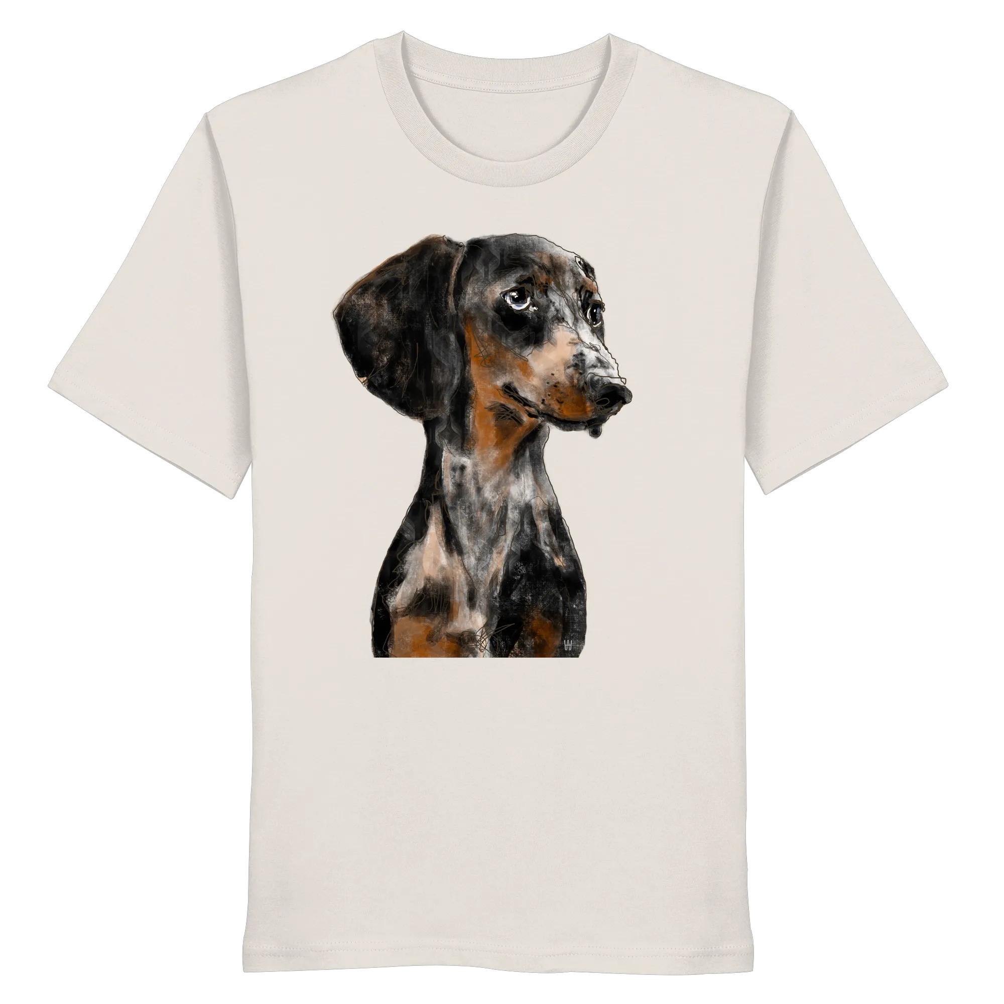 Handgezeichnetes Dackel-Motiv "Klugi" auf einem Bio-T-Shirt in Altweiß.