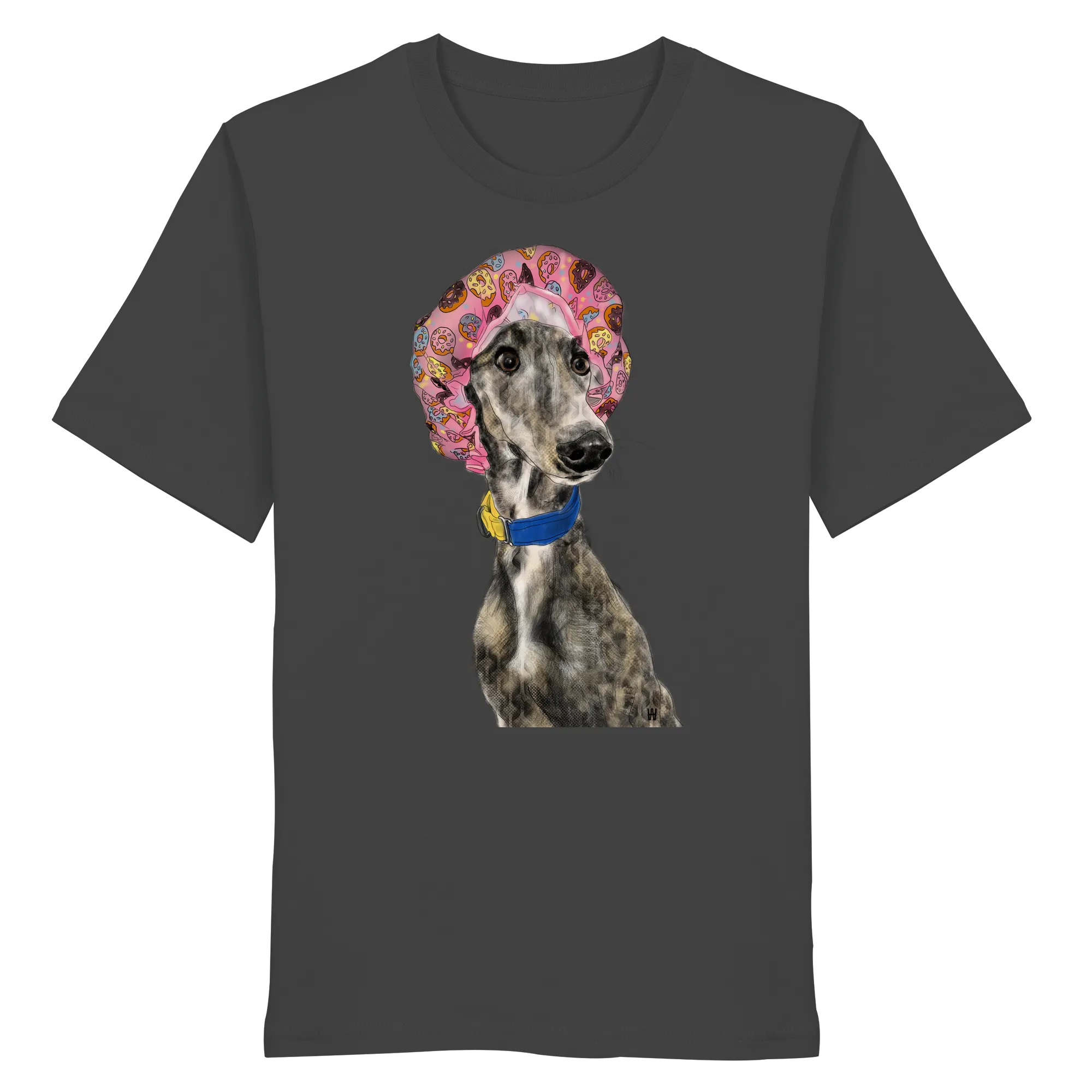 Handgezeichnete Galgo Illustration Hope auf einem Bio-T-Shirt in Anthrazit
