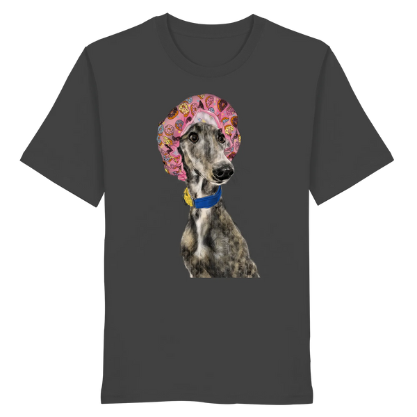Handgezeichnete Galgo Illustration Hope auf einem Bio-T-Shirt in Anthrazit