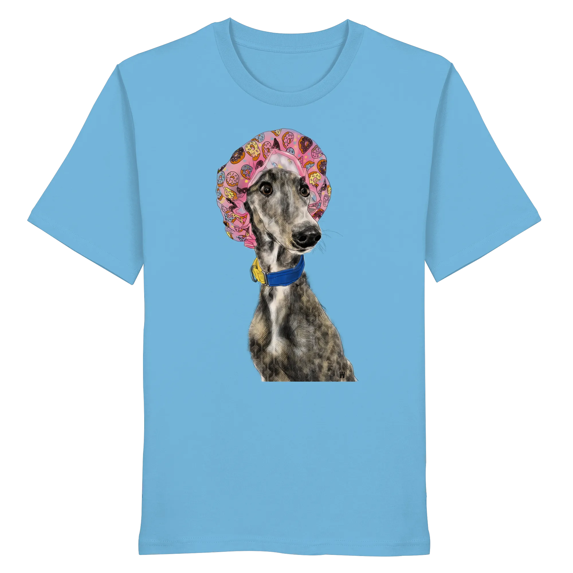 Handgezeichnete Galgo Illustration Hope auf einem Bio-T-Shirt in Wasserblau