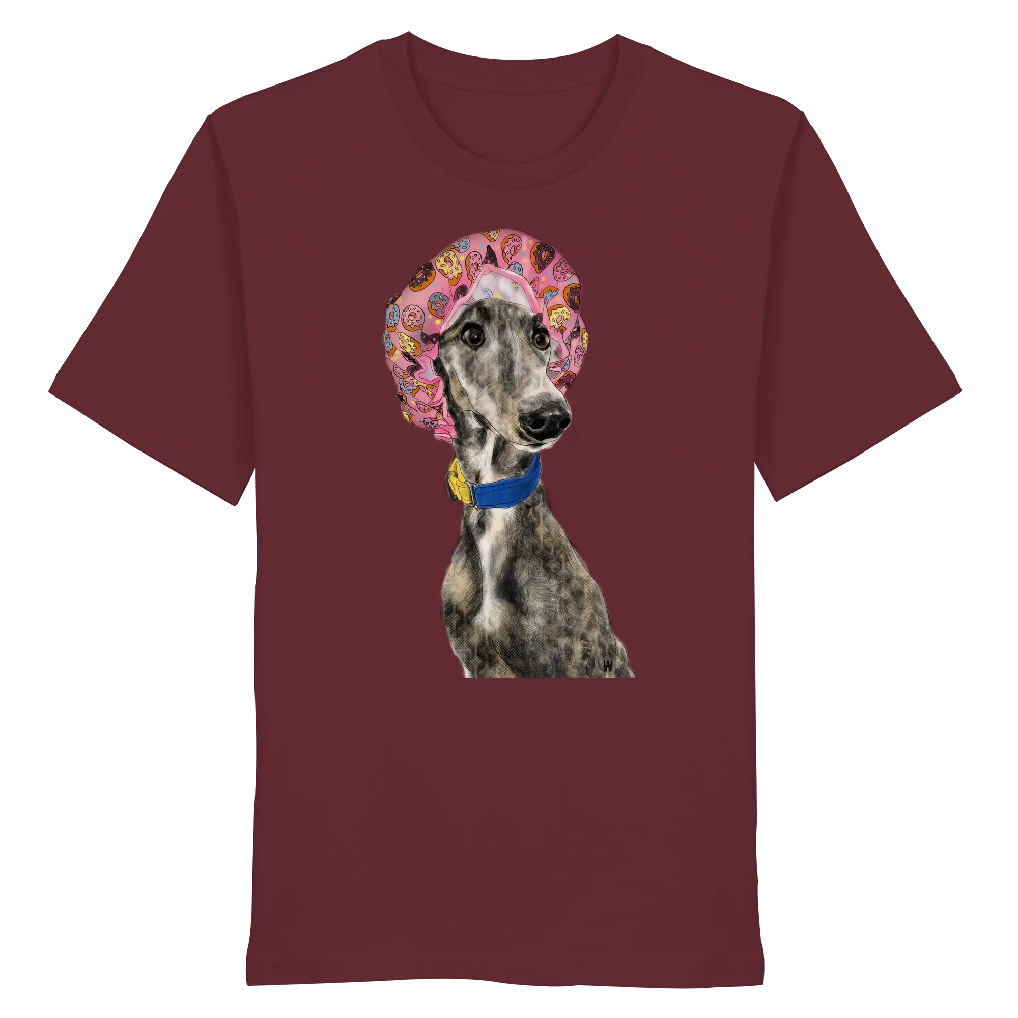 Handgezeichnete Galgo Illustration Hope auf einem Bio-T-Shirt in Weinrot