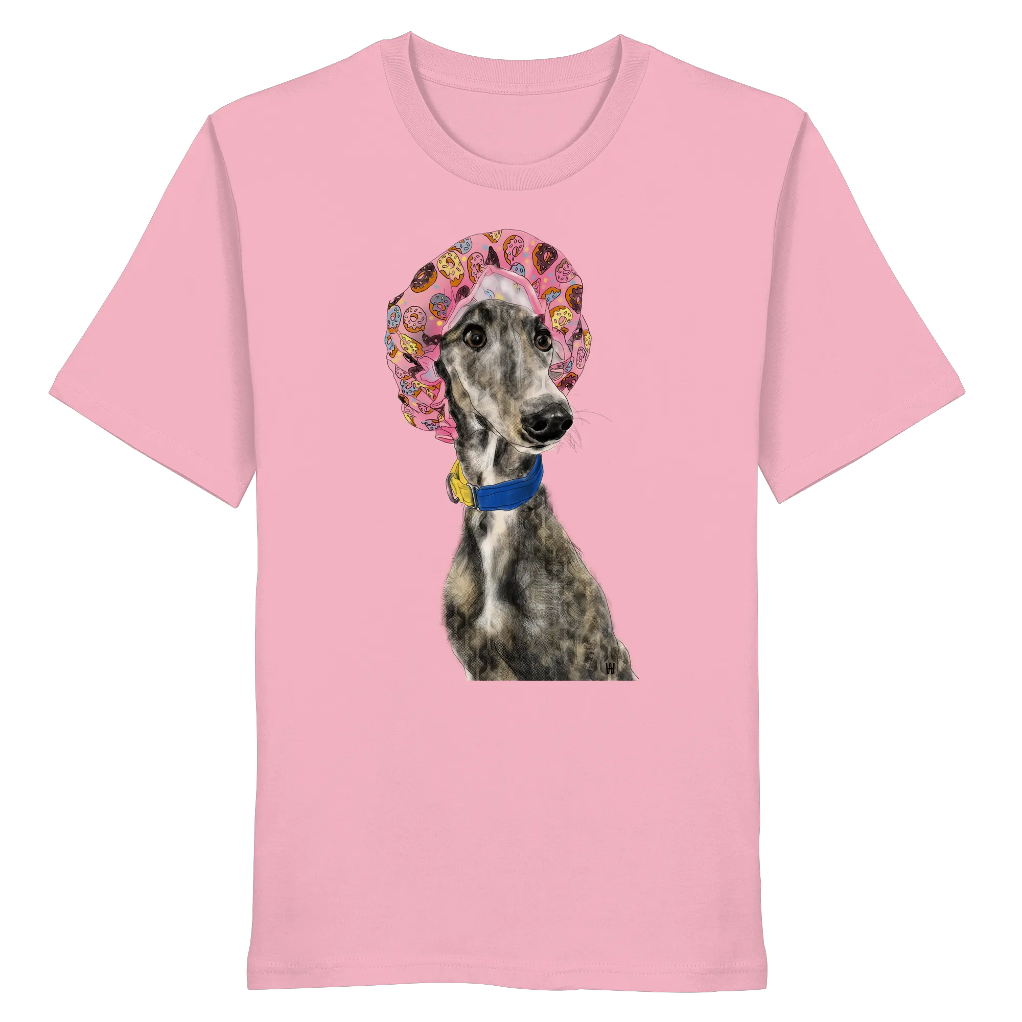 Handgezeichnete Galgo Illustration Hope auf einem Bio-T-Shirt in Pink