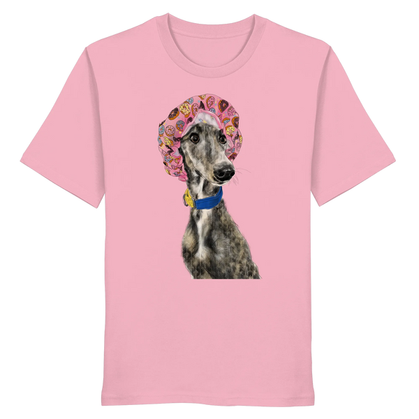 Handgezeichnete Galgo Illustration Hope auf einem Bio-T-Shirt in Pink