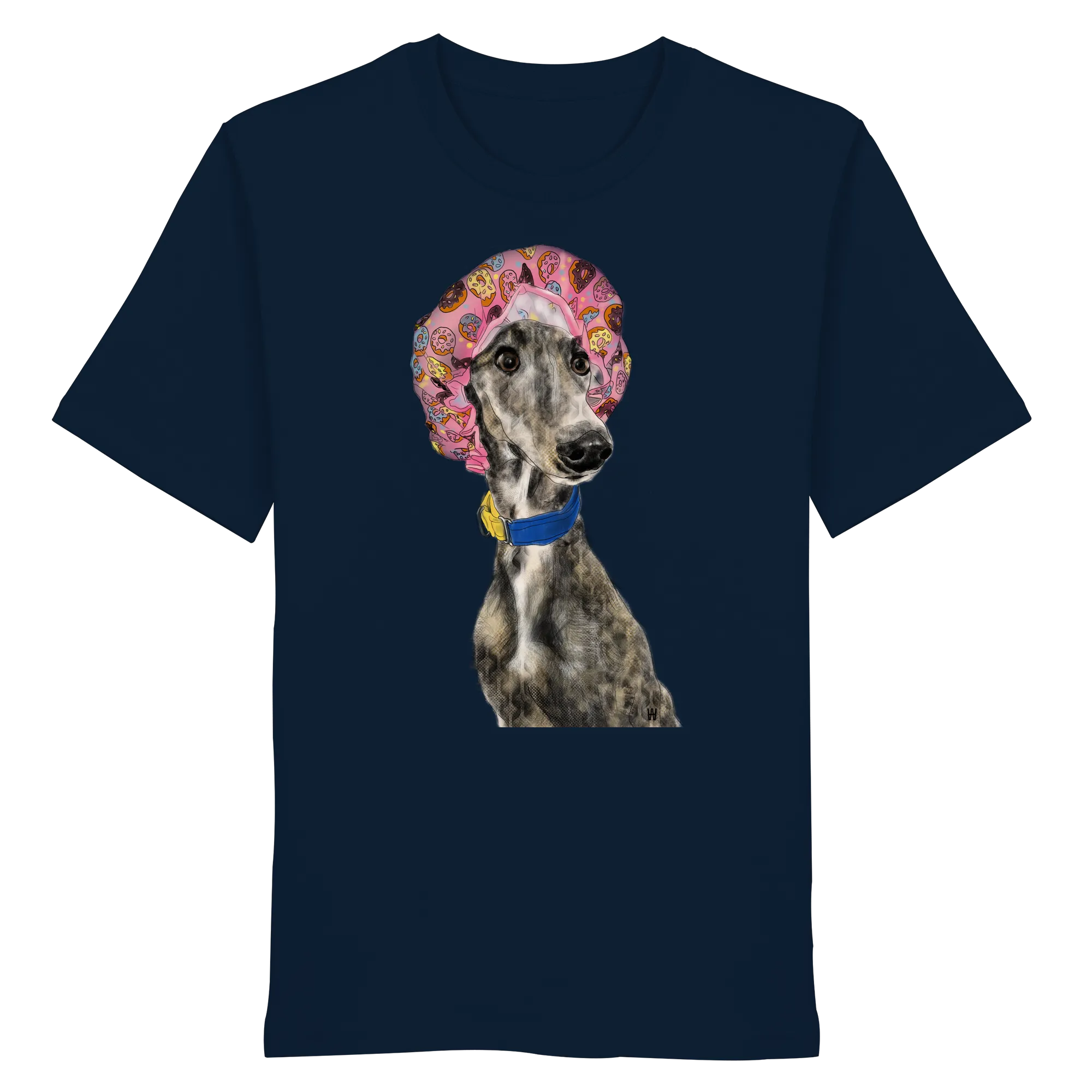 Handgezeichnete Galgo Illustration Hope auf einem Bio-T-Shirt in French Navy
