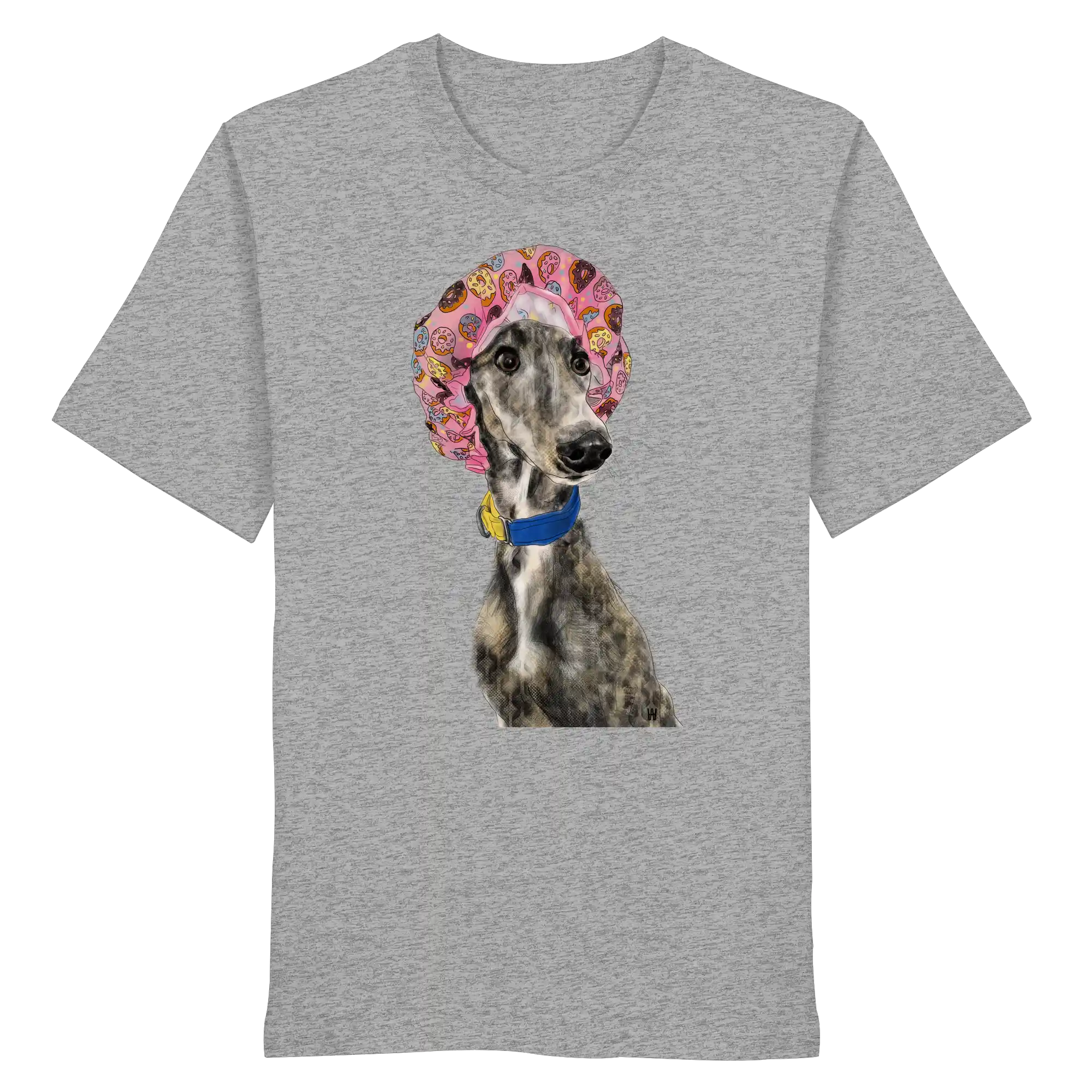 Handgezeichnete Galgo Illustration Hope auf einem Bio-T-Shirt in Hellgrau meliert