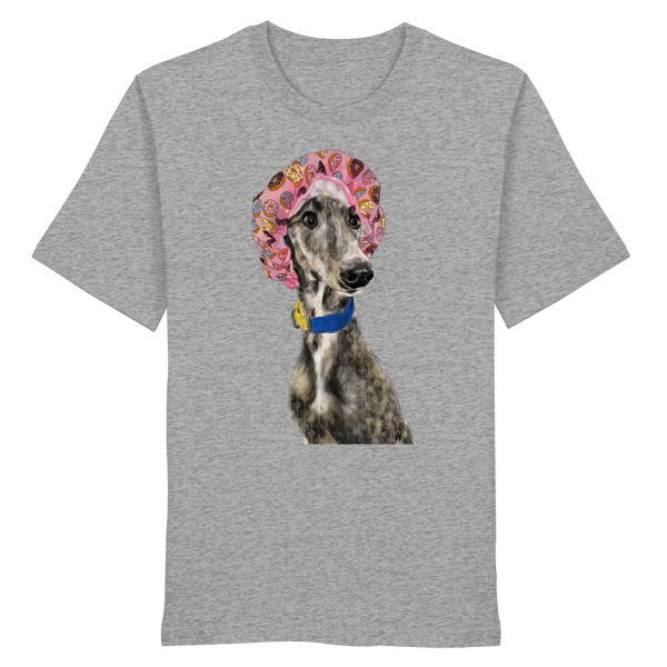 Handgezeichnete Galgo Illustration Hope auf einem Bio-T-Shirt in Hellgrau meliert