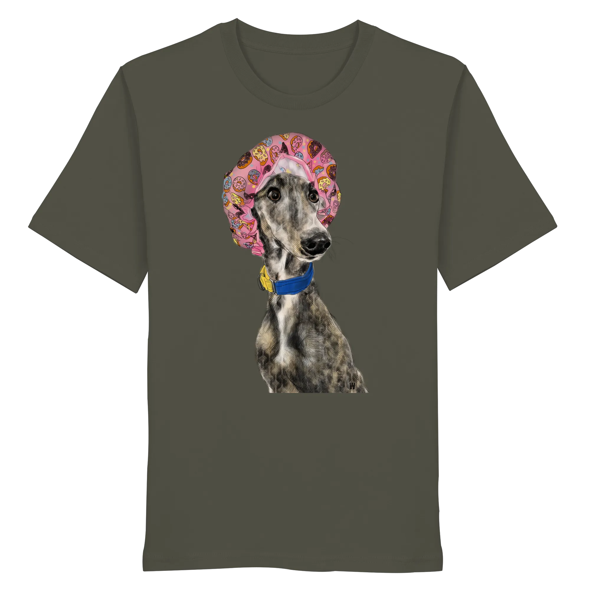 Handgezeichnete Galgo Illustration Hope auf einem Bio-T-Shirt in Khaki