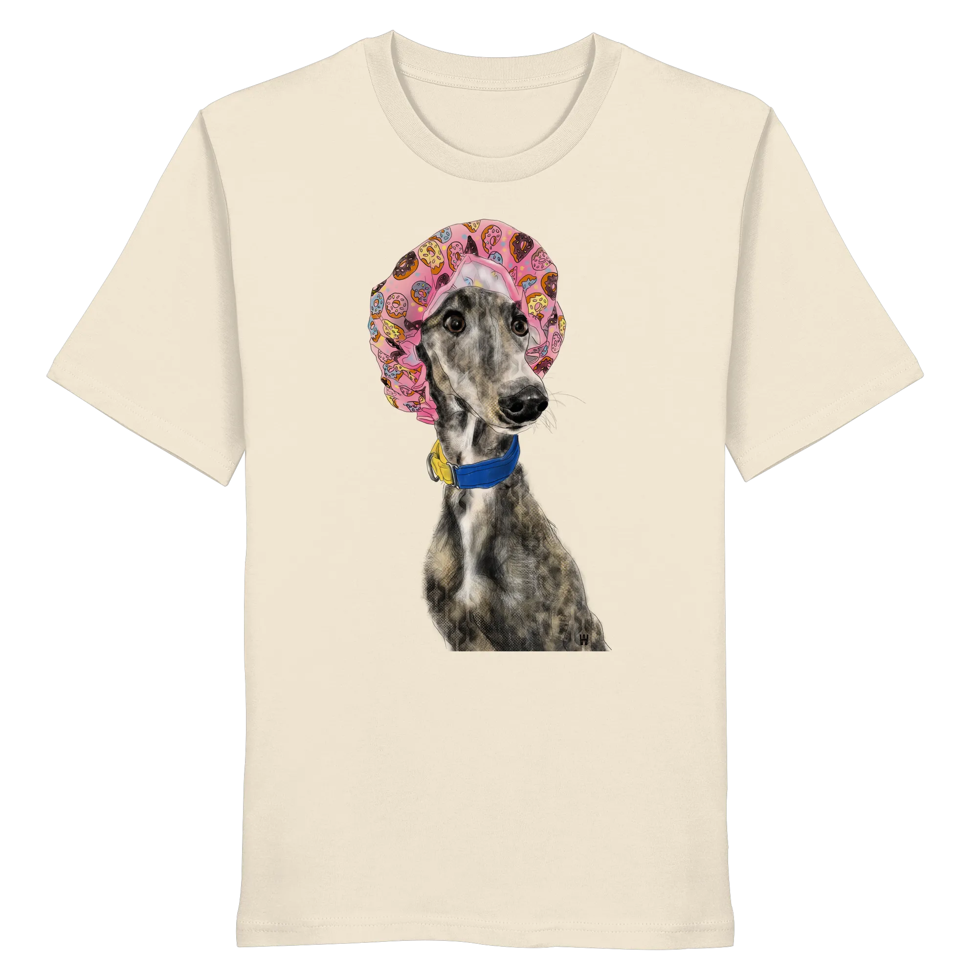 Handgezeichnete Galgo Illustration Hope auf einem Bio-T-Shirt in Cremeweiß