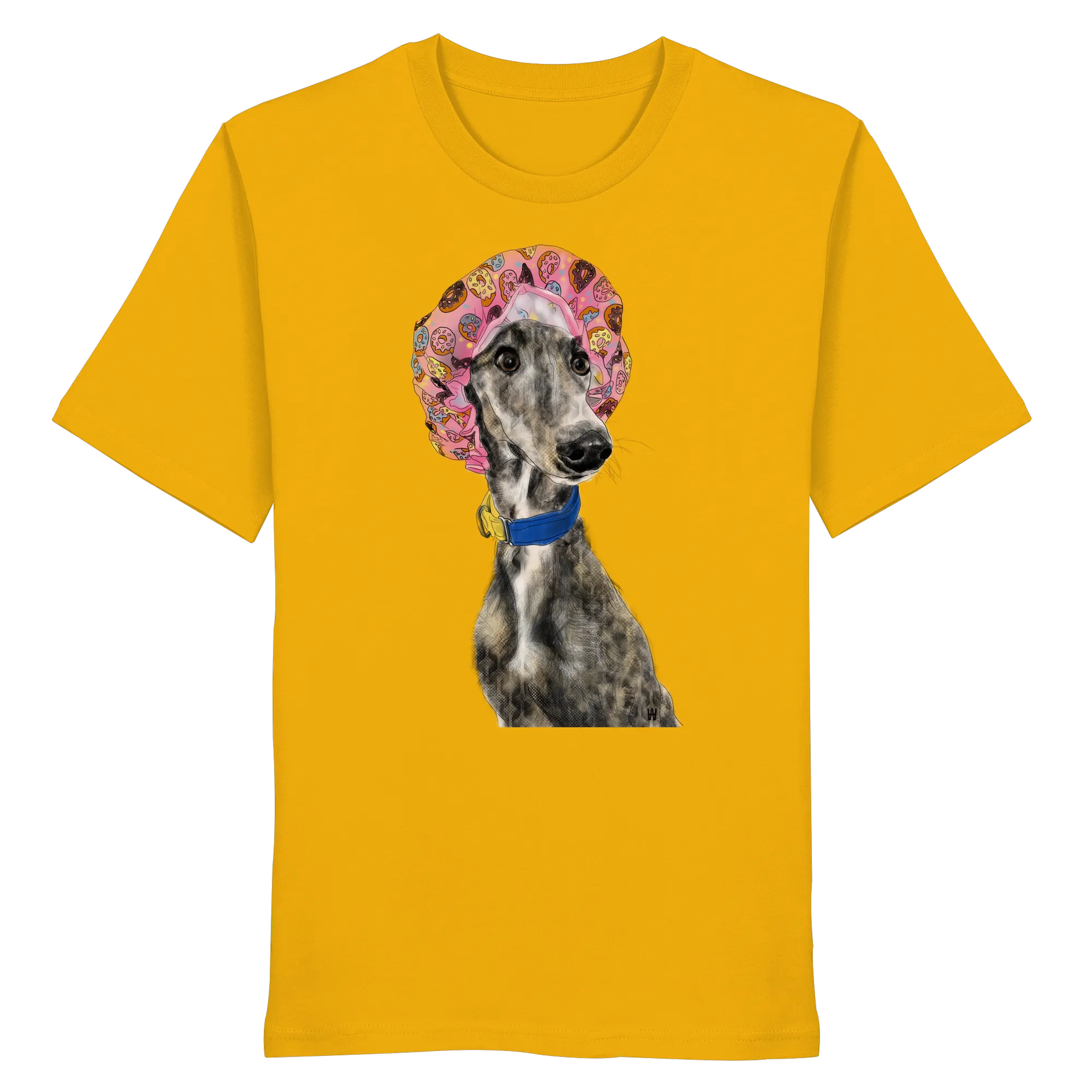 Handgezeichnete Galgo Illustration Hope auf einem Bio-T-Shirt in Sonnengelb