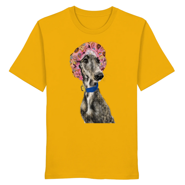 Handgezeichnete Galgo Illustration Hope auf einem Bio-T-Shirt in Sonnengelb
