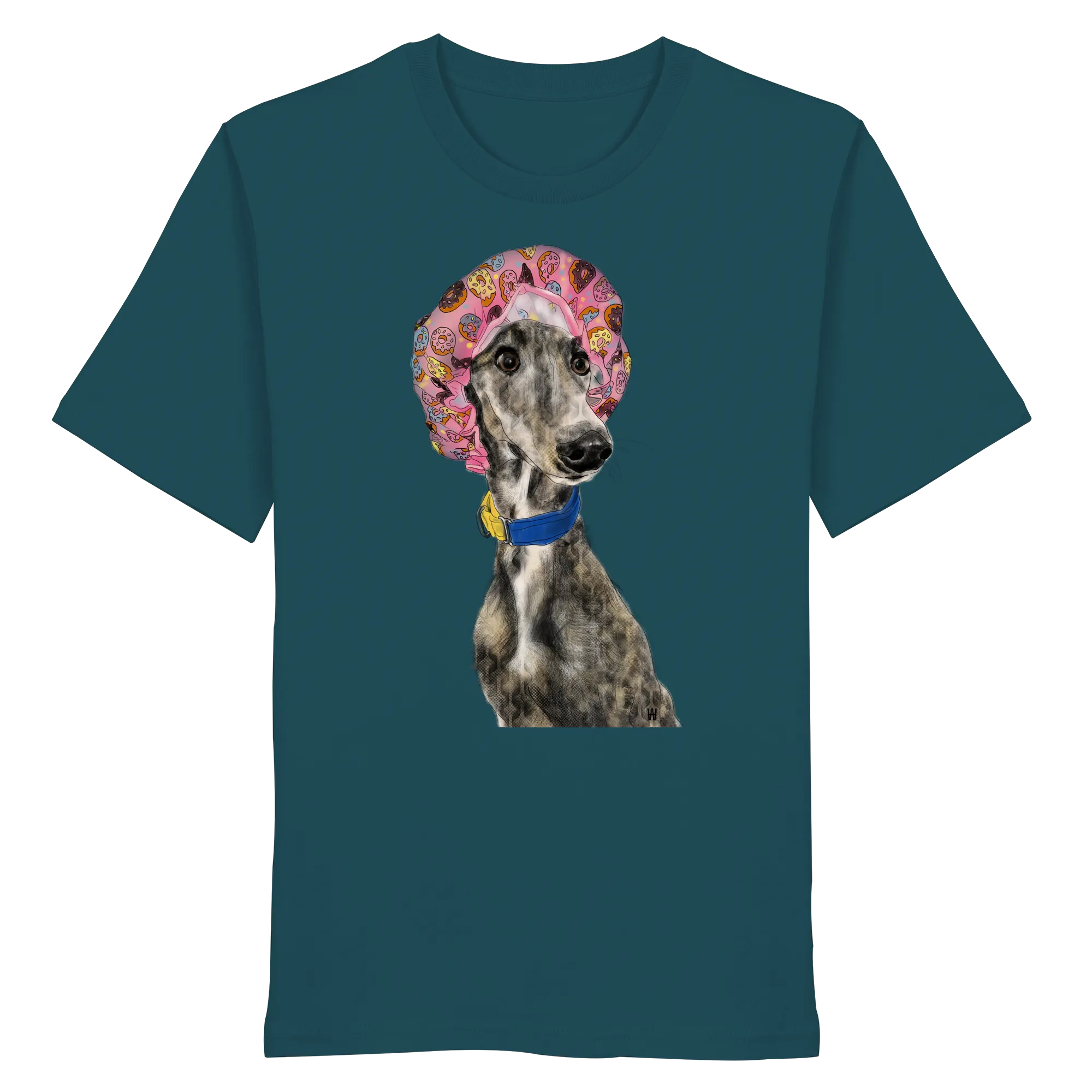Handgezeichnete Galgo Illustration Hope auf einem Bio-T-Shirt in Petrol
