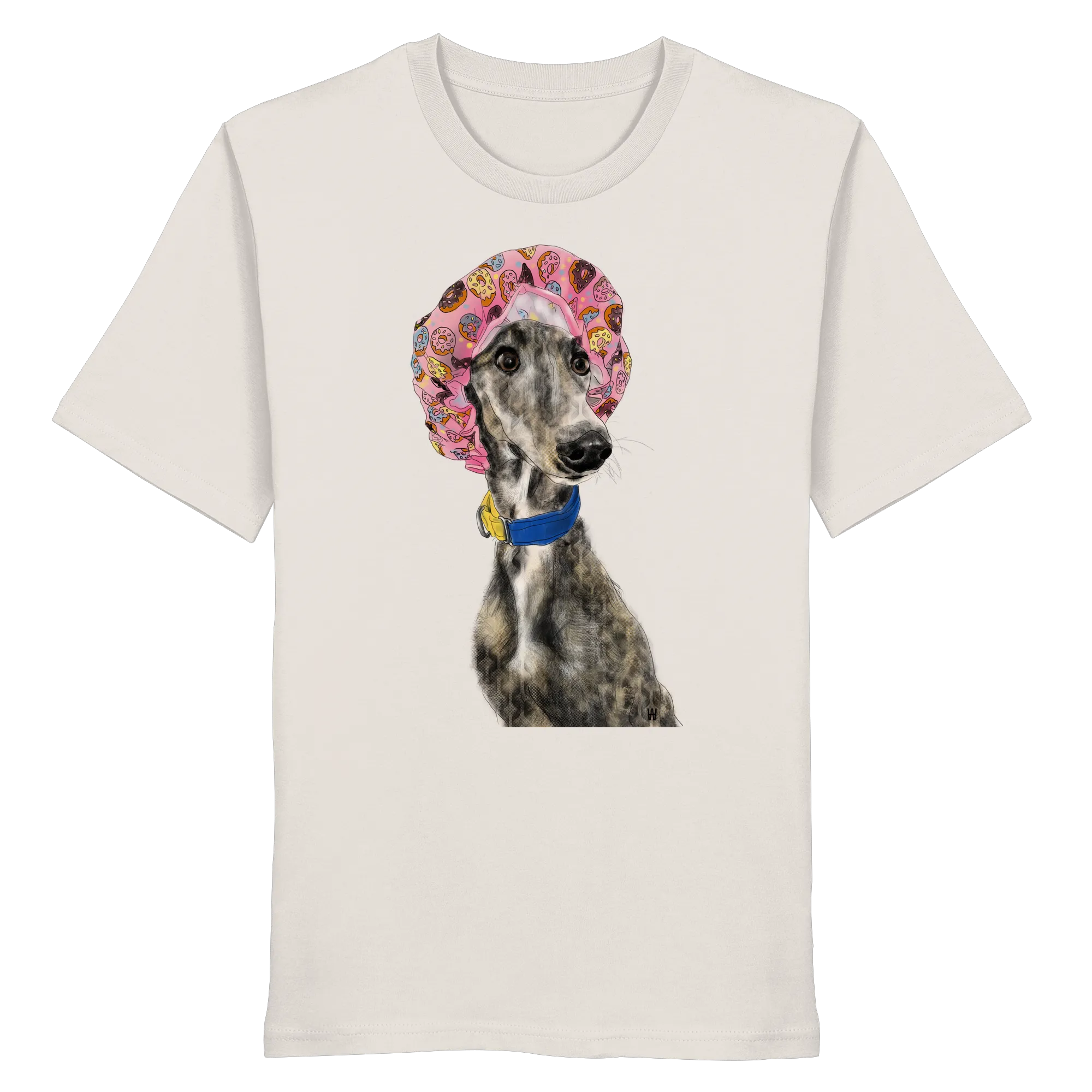 Handgezeichnete Galgo Illustration Hope auf einem Bio-T-Shirt in Altweiß