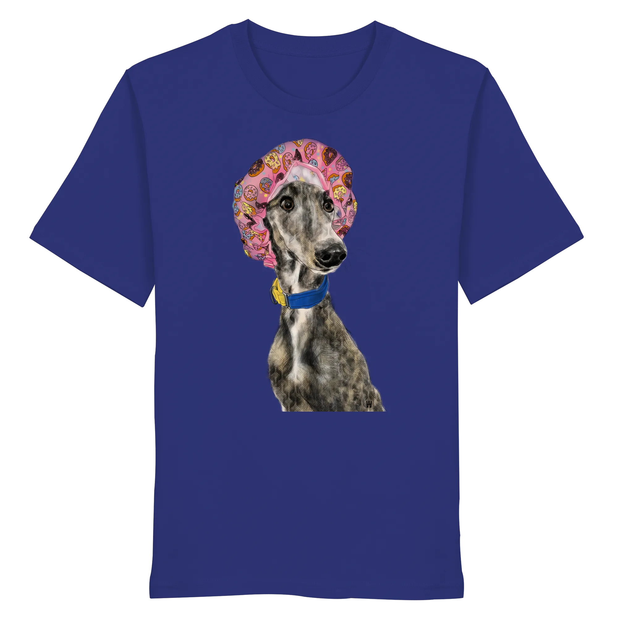 Handgezeichnete Galgo Illustration Hope auf einem Bio-T-Shirt in Worker Blue