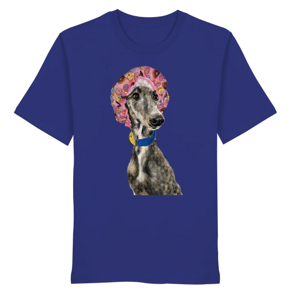 Handgezeichnete Galgo Illustration Hope auf einem Bio-T-Shirt in Worker Blue