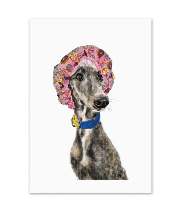 Hundeillustration einer gestromten Galgodame mit rosa Donut-Badehaube und blauem Halsband