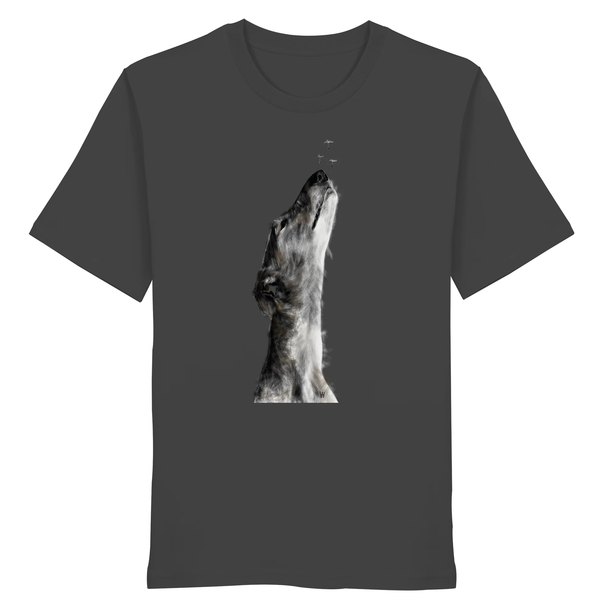 Handgezeichnete Galgo Illustration Staunend auf einem Bio-T-Shirt in Anthrazit
