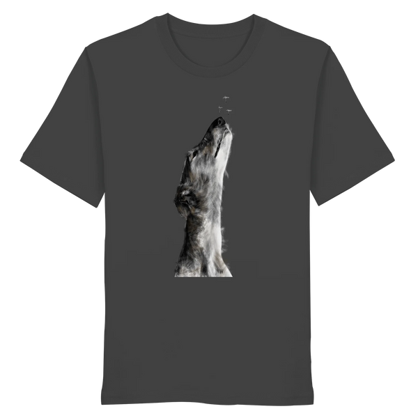 Handgezeichnete Galgo Illustration Staunend auf einem Bio-T-Shirt in Anthrazit