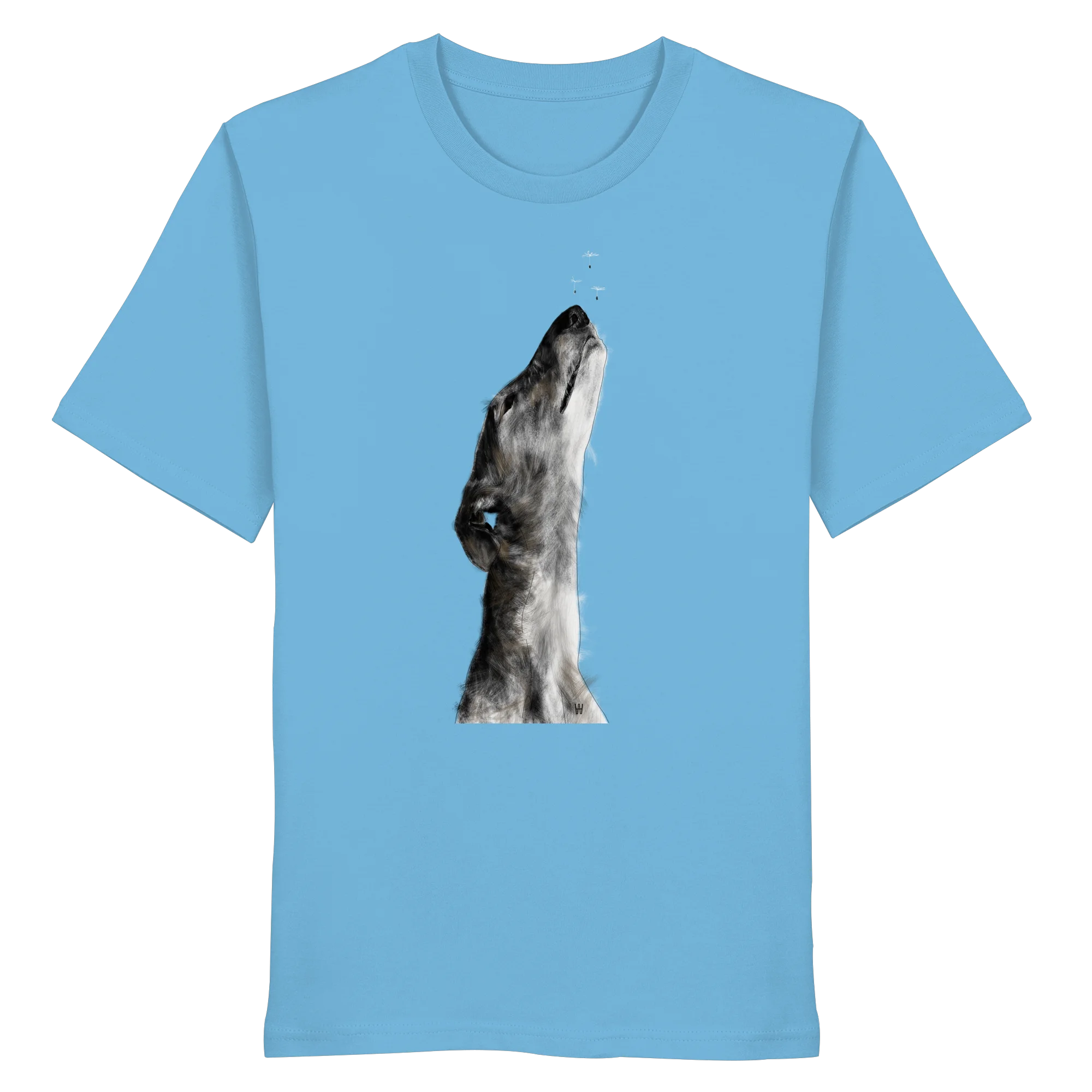 Handgezeichnete Galgo Illustration Staunend auf einem Bio-T-Shirt in Wasserblau