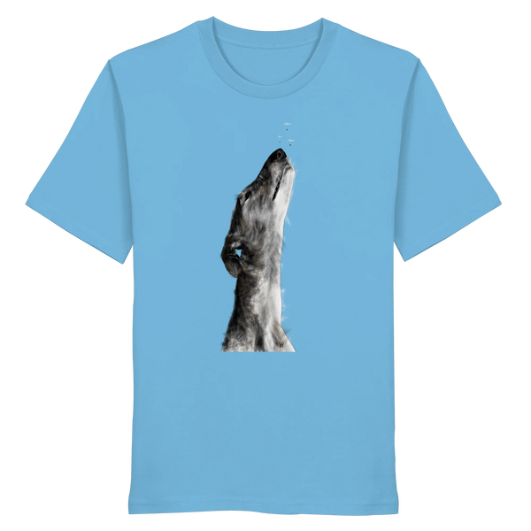 Handgezeichnete Galgo Illustration Staunend auf einem Bio-T-Shirt in Wasserblau