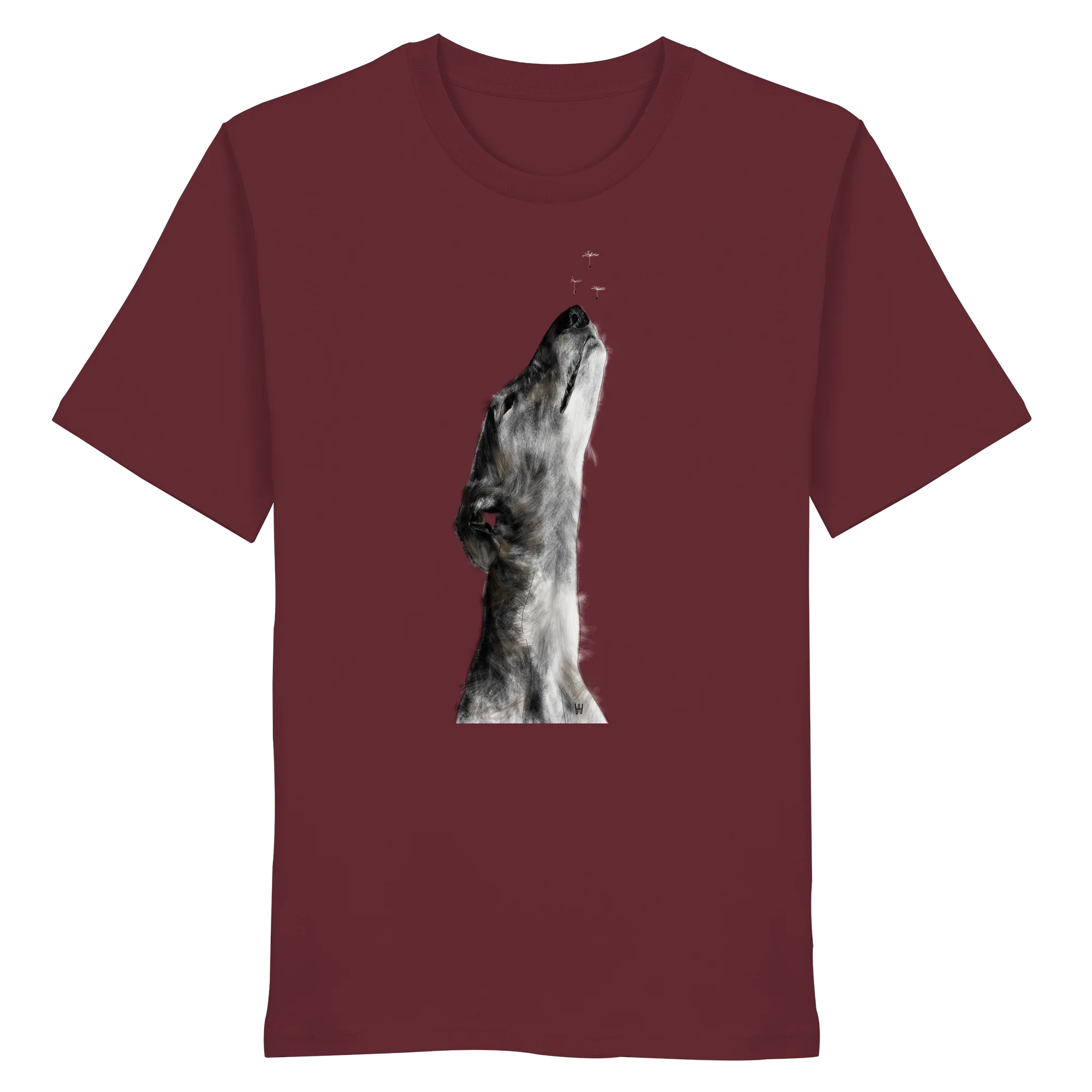 Handgezeichnete Galgo Illustration Staunend auf einem Bio-T-Shirt in Weinrot