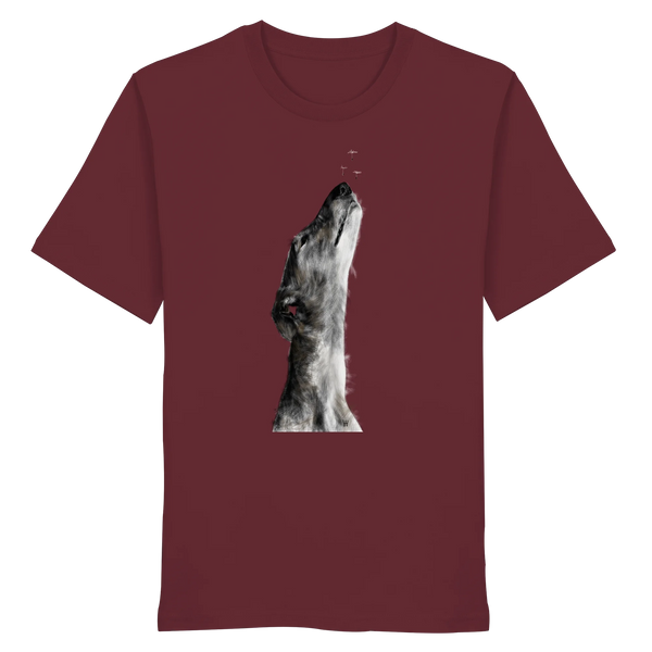 Handgezeichnete Galgo Illustration Staunend auf einem Bio-T-Shirt in Weinrot