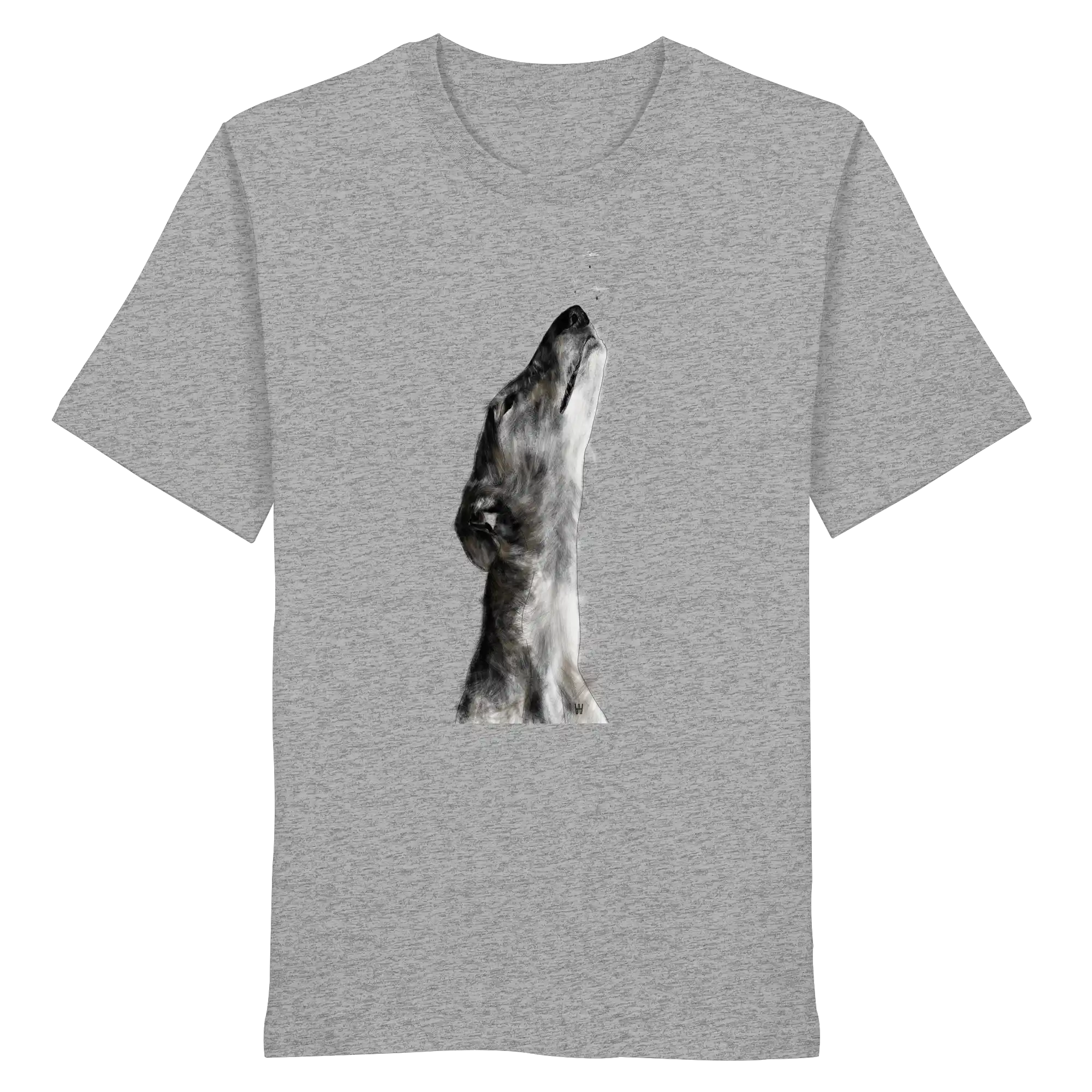 Handgezeichnete Galgo Illustration Staunend auf einem Bio-T-Shirt in Hellgrau meliert