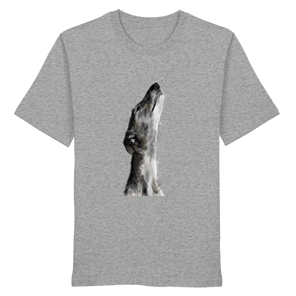 Handgezeichnete Galgo Illustration Staunend auf einem Bio-T-Shirt in Hellgrau meliert