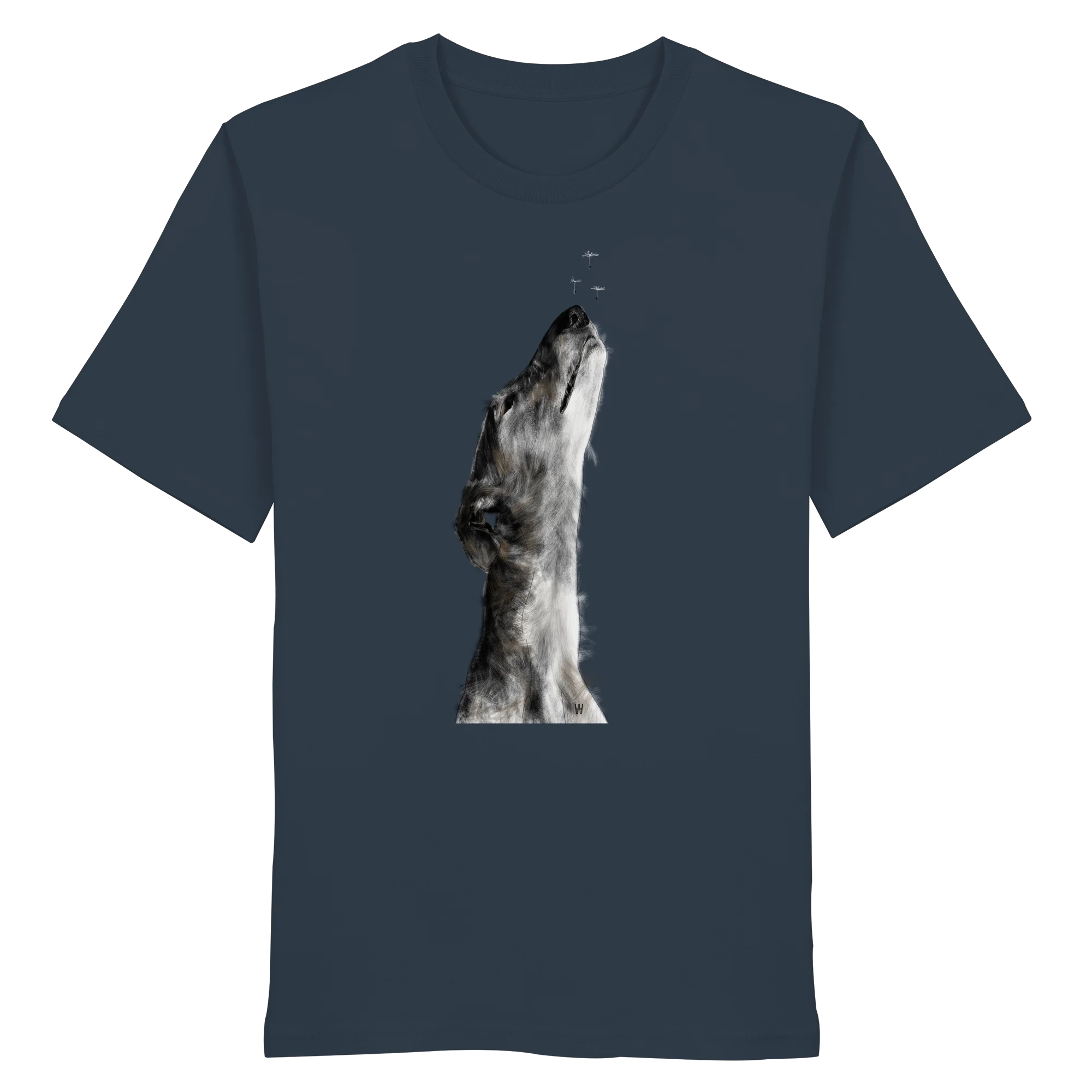 Handgezeichnete Galgo Illustration Staunend auf einem Bio-T-Shirt in Blaugrau