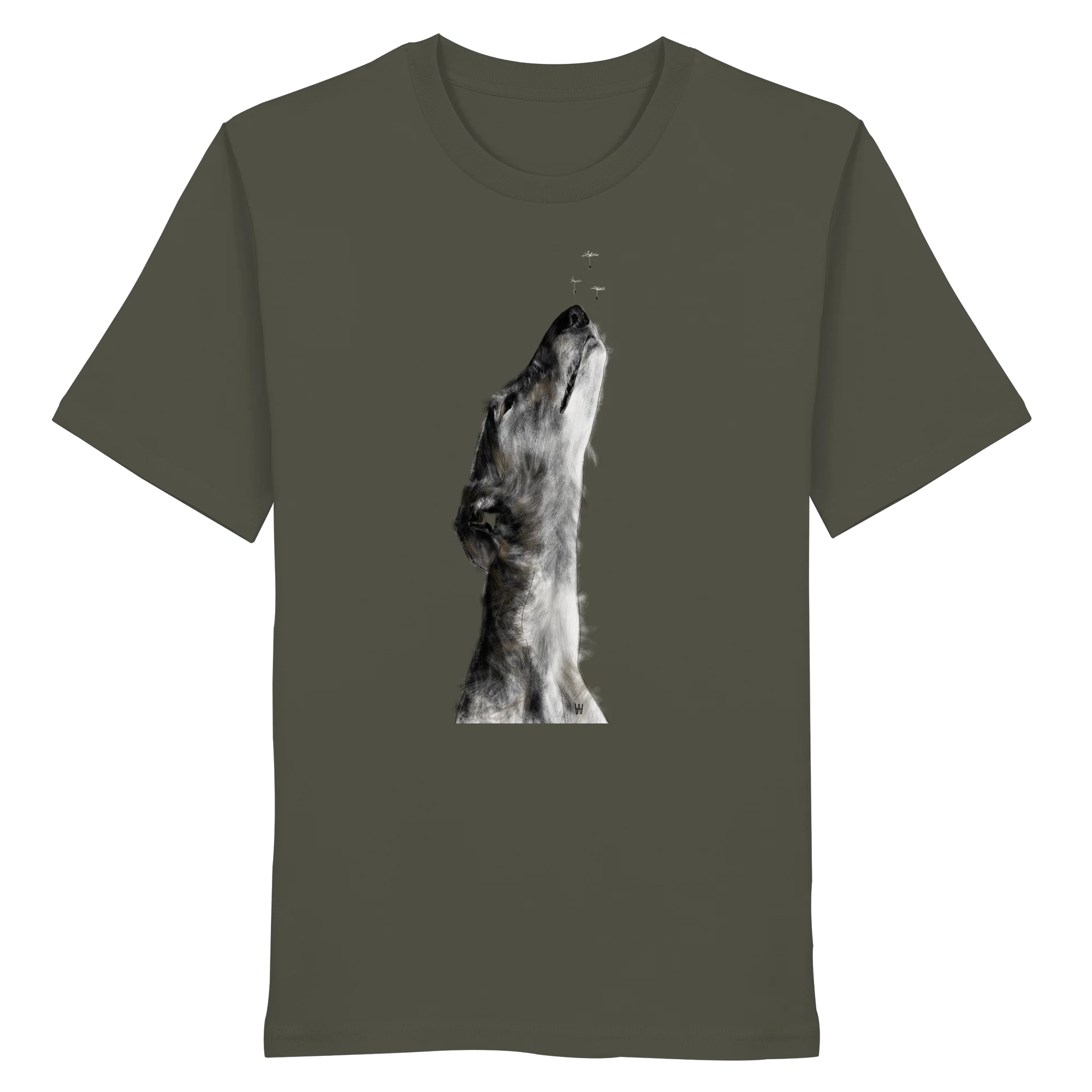 Handgezeichnete Galgo Illustration Staunend auf einem Bio-T-Shirt in Khaki