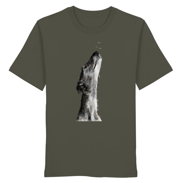 Handgezeichnete Galgo Illustration Staunend auf einem Bio-T-Shirt in Khaki