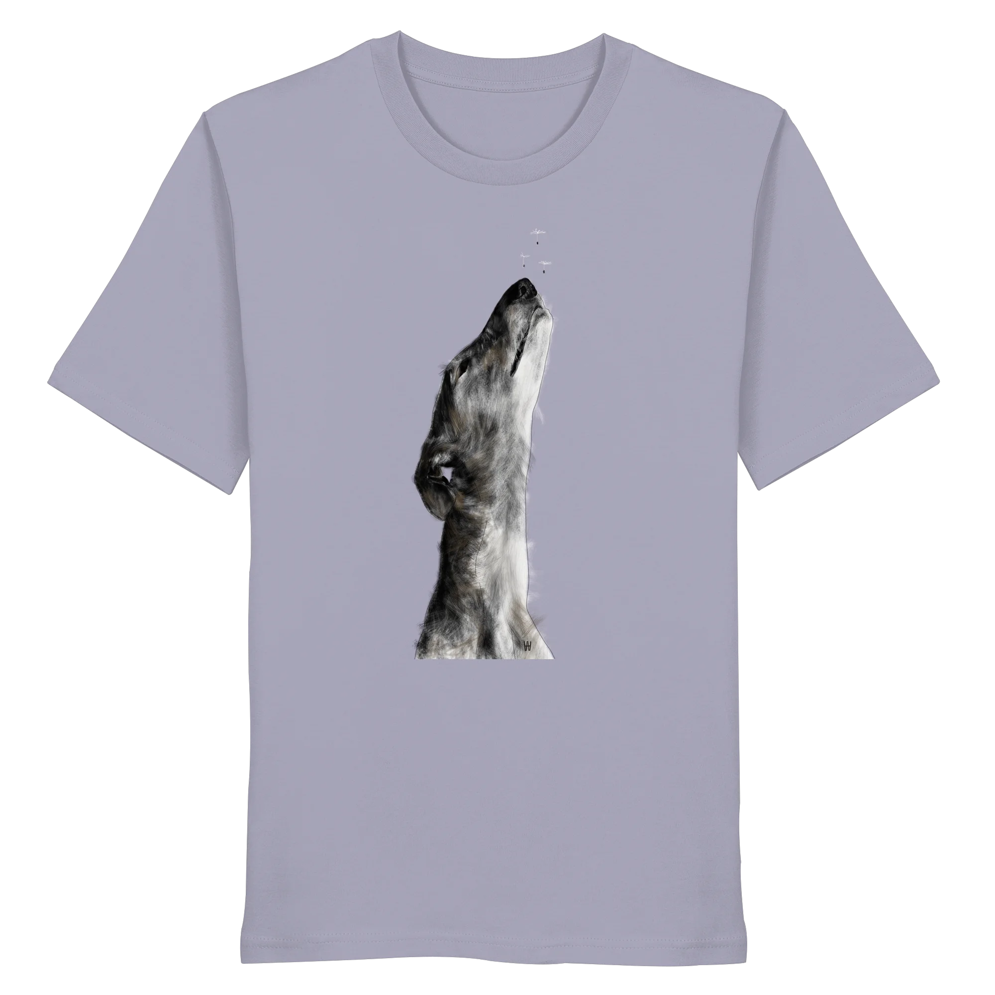 Handgezeichnete Galgo Illustration Staunend auf einem Bio-T-Shirt in Fliederlila