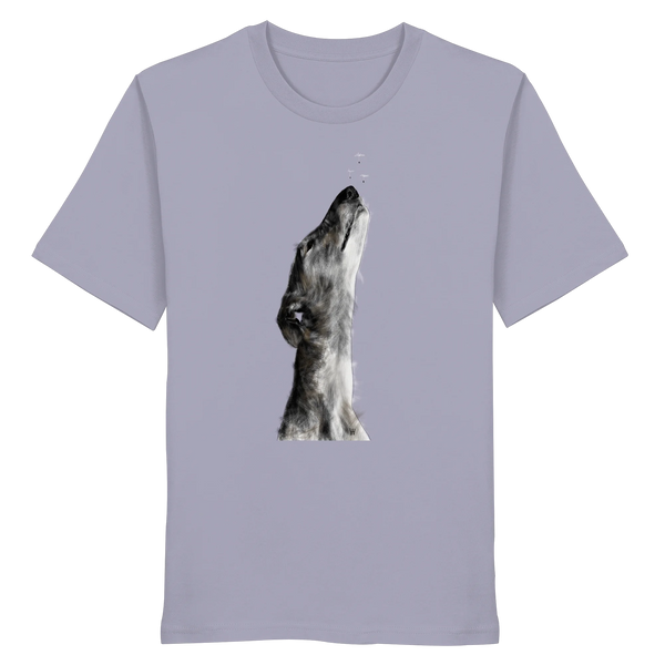 Handgezeichnete Galgo Illustration Staunend auf einem Bio-T-Shirt in Fliederlila