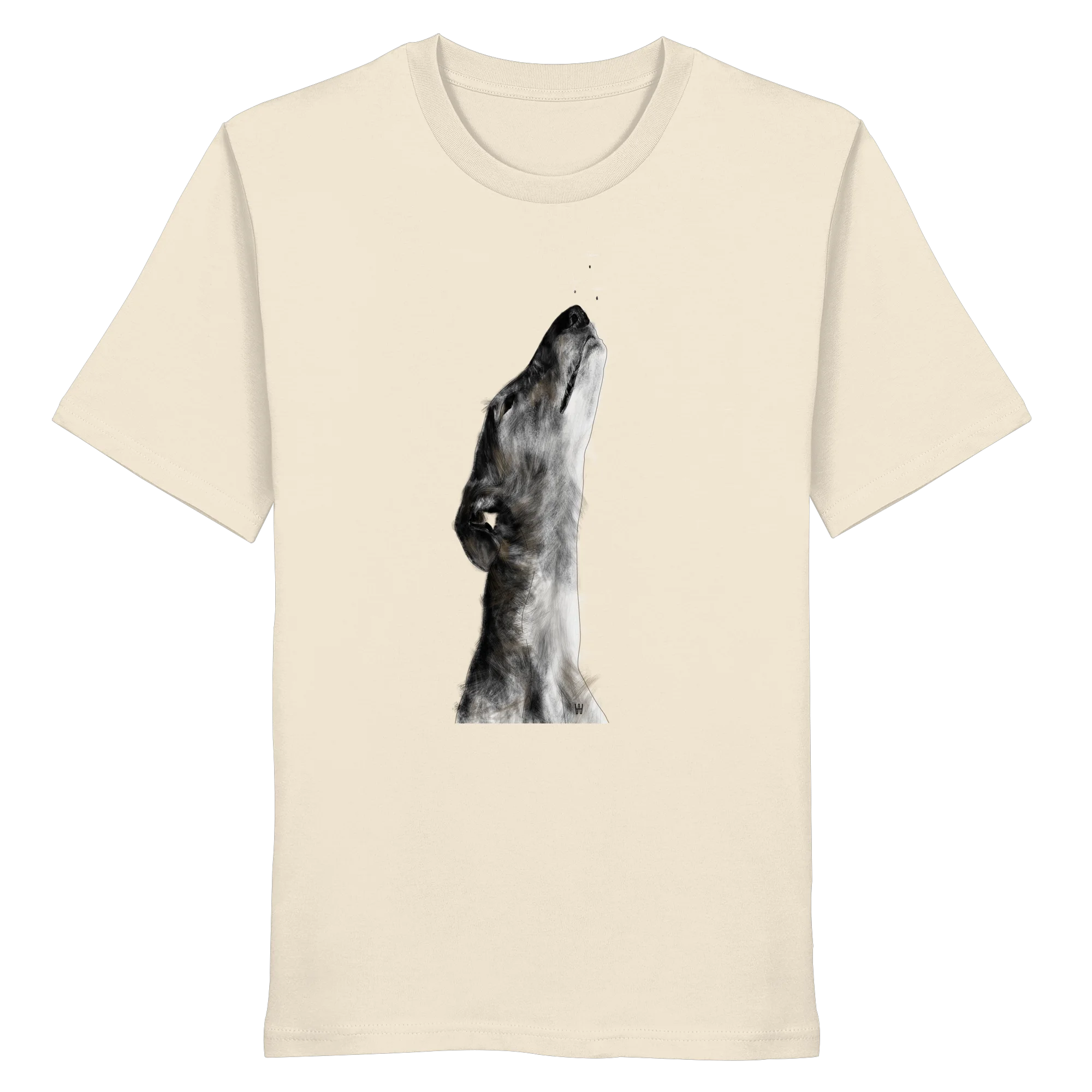 Handgezeichnete Galgo Illustration Staunend auf einem Bio-T-Shirt in Cremeweiß