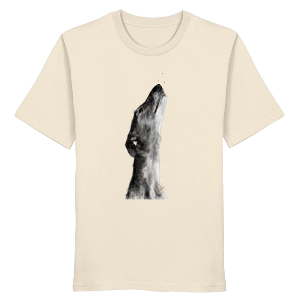 Handgezeichnete Galgo Illustration Staunend auf einem Bio-T-Shirt in Cremeweiß