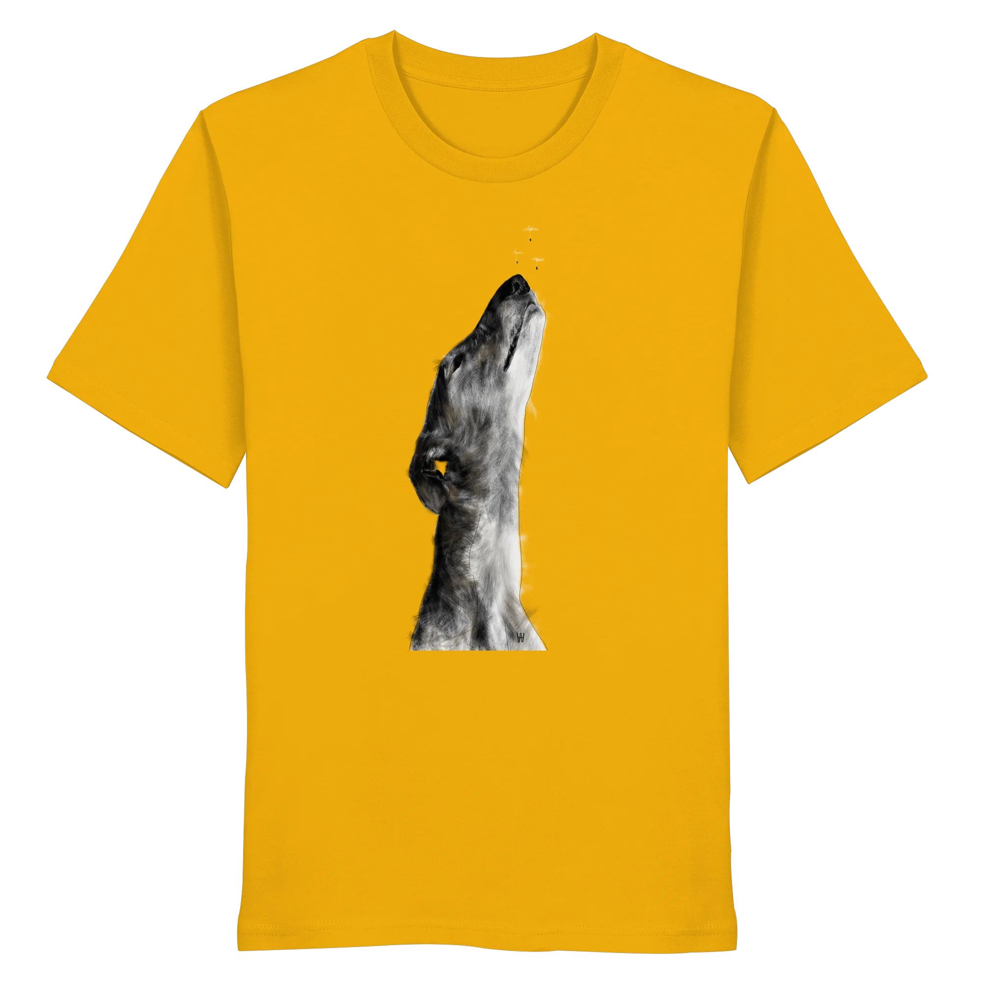 Handgezeichnete Galgo Illustration Staunend auf einem Bio-T-Shirt in Gelb