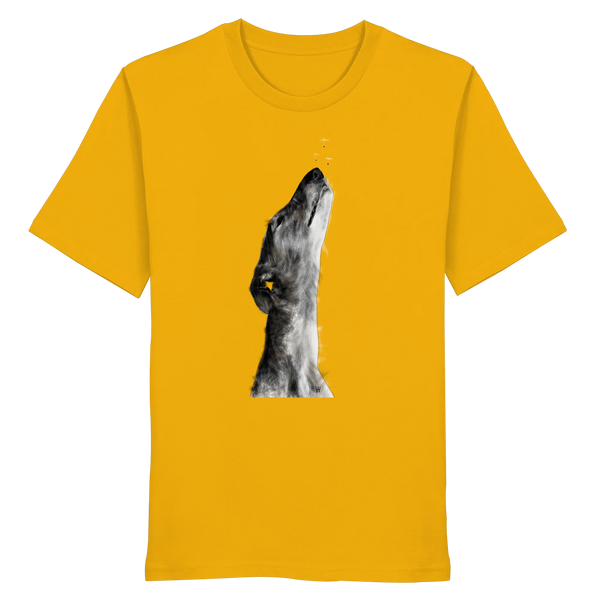 Handgezeichnete Galgo Illustration Staunend auf einem Bio-T-Shirt in Gelb