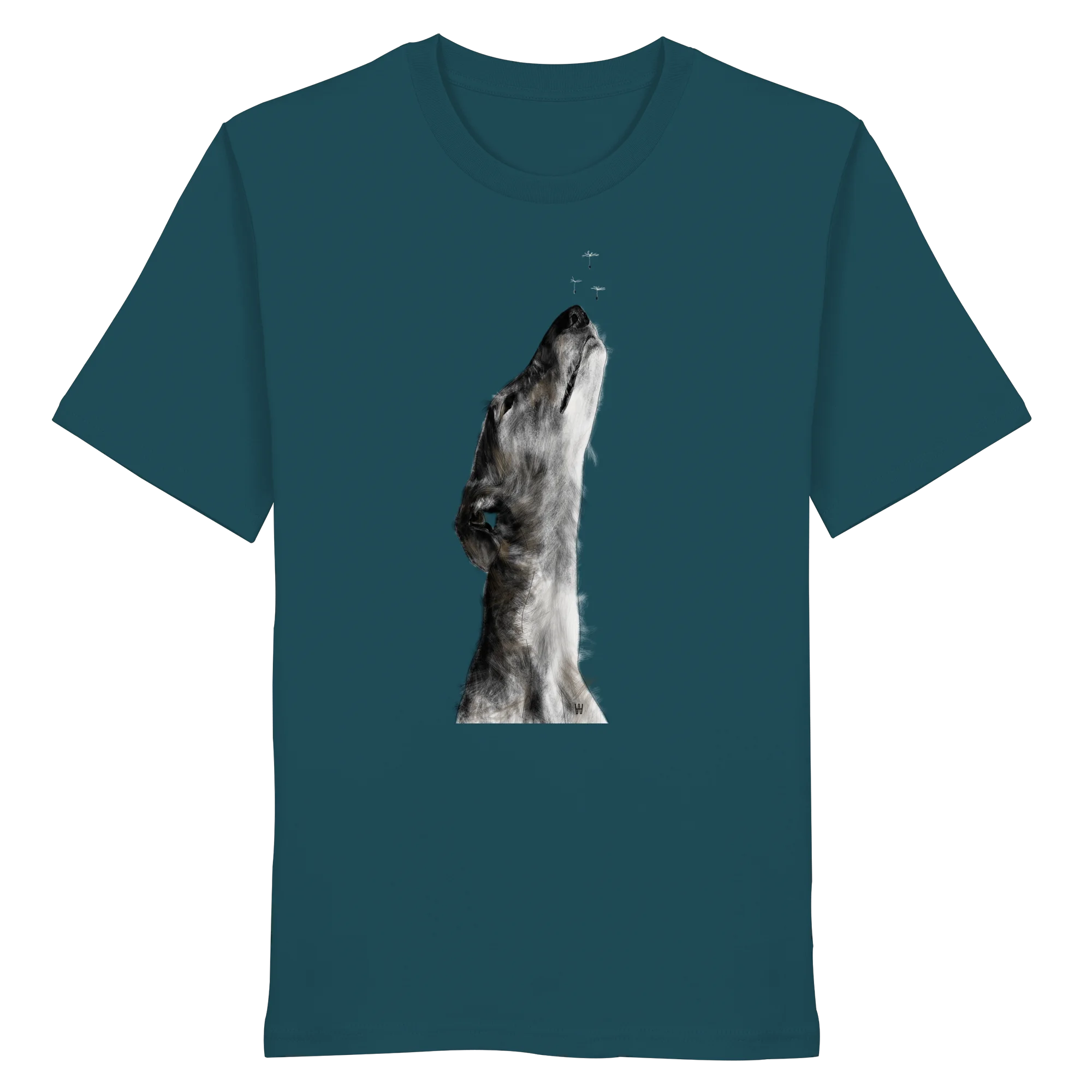 Handgezeichnete Galgo Illustration Staunend auf einem Bio-T-Shirt in Petrol