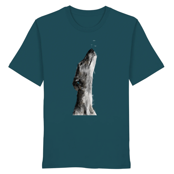 Handgezeichnete Galgo Illustration Staunend auf einem Bio-T-Shirt in Petrol
