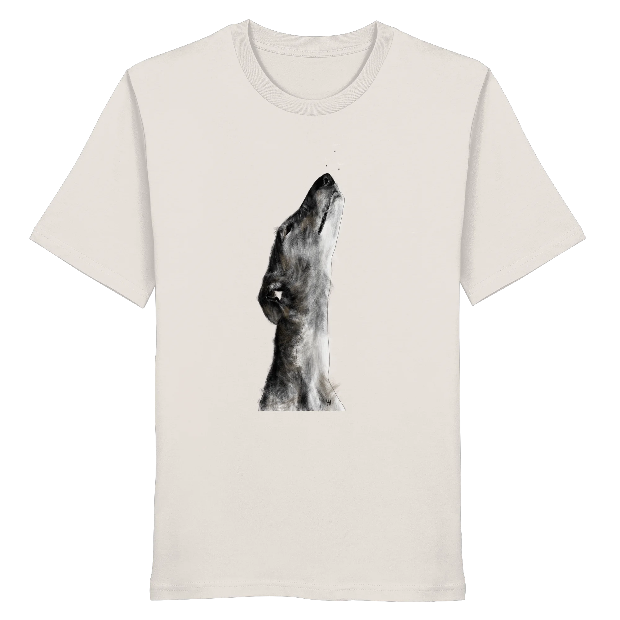 Handgezeichnete Galgo Illustration Staunend auf einem Bio-T-Shirt in Altweiß