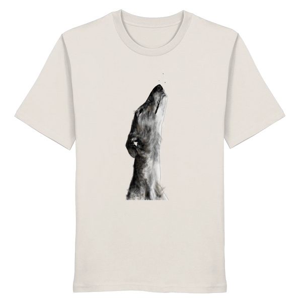 Handgezeichnete Galgo Illustration Staunend auf einem Bio-T-Shirt in Altweiß
