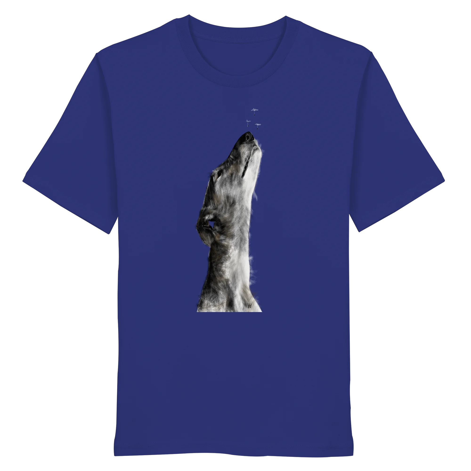 Handgezeichnete Galgo Illustration Staunend auf einem Bio-T-Shirt in Ultramarinblau