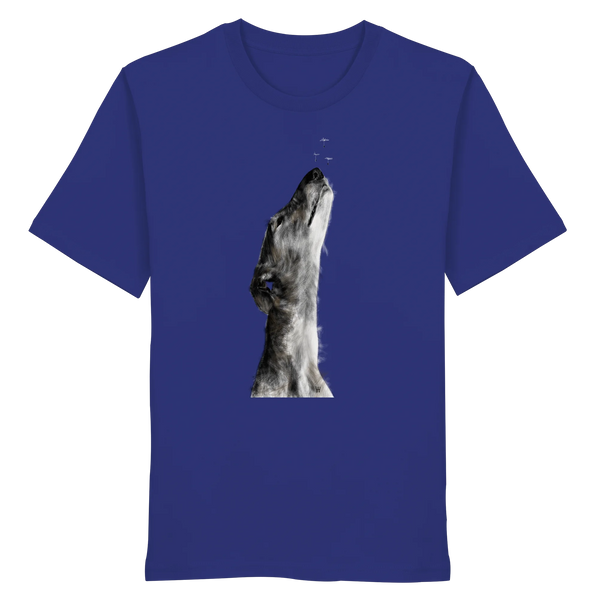 Handgezeichnete Galgo Illustration Staunend auf einem Bio-T-Shirt in Ultramarinblau