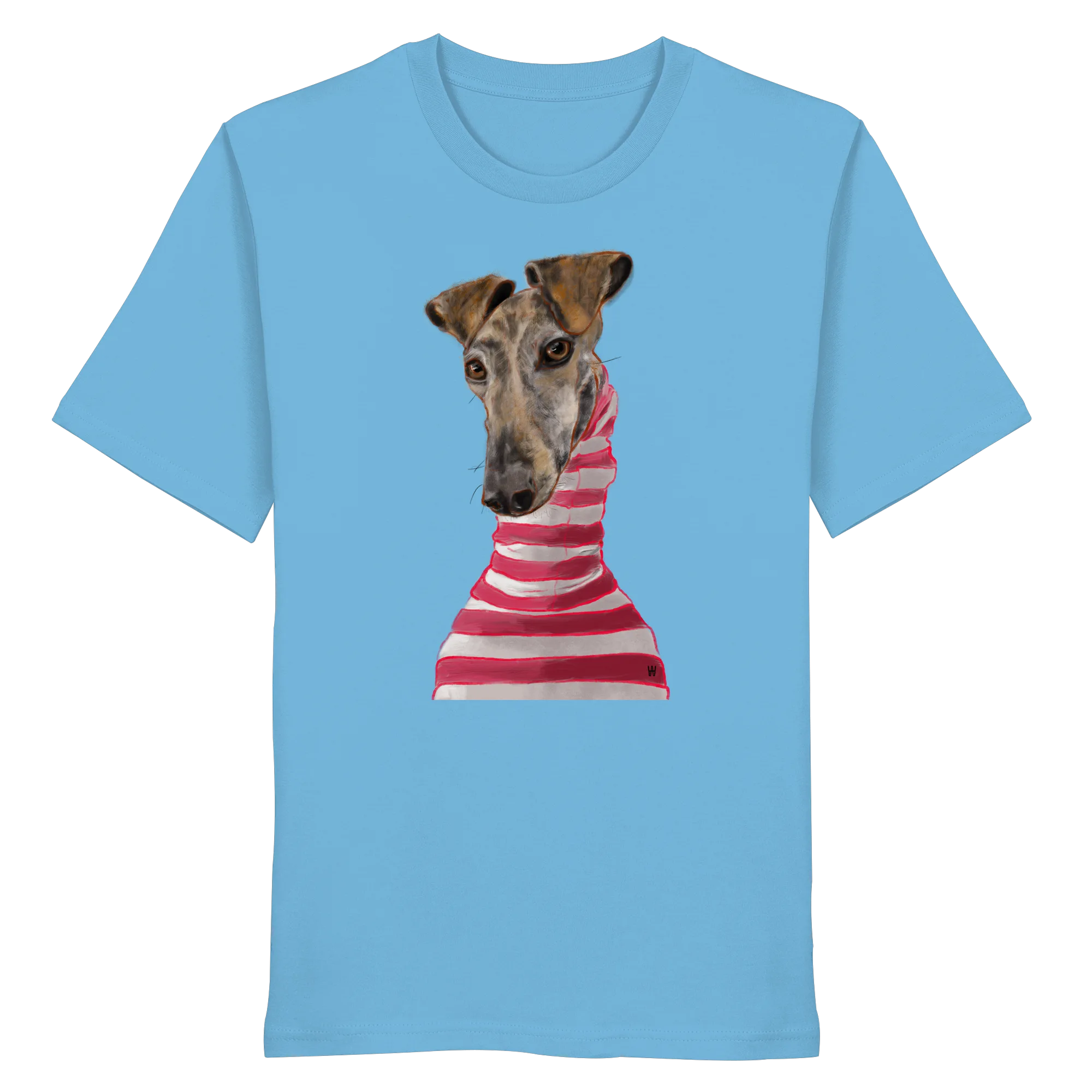 Handgezeichnete Galgo-Illustration Stilvoll auf einem Bio-T-Shirt in Wasserblau