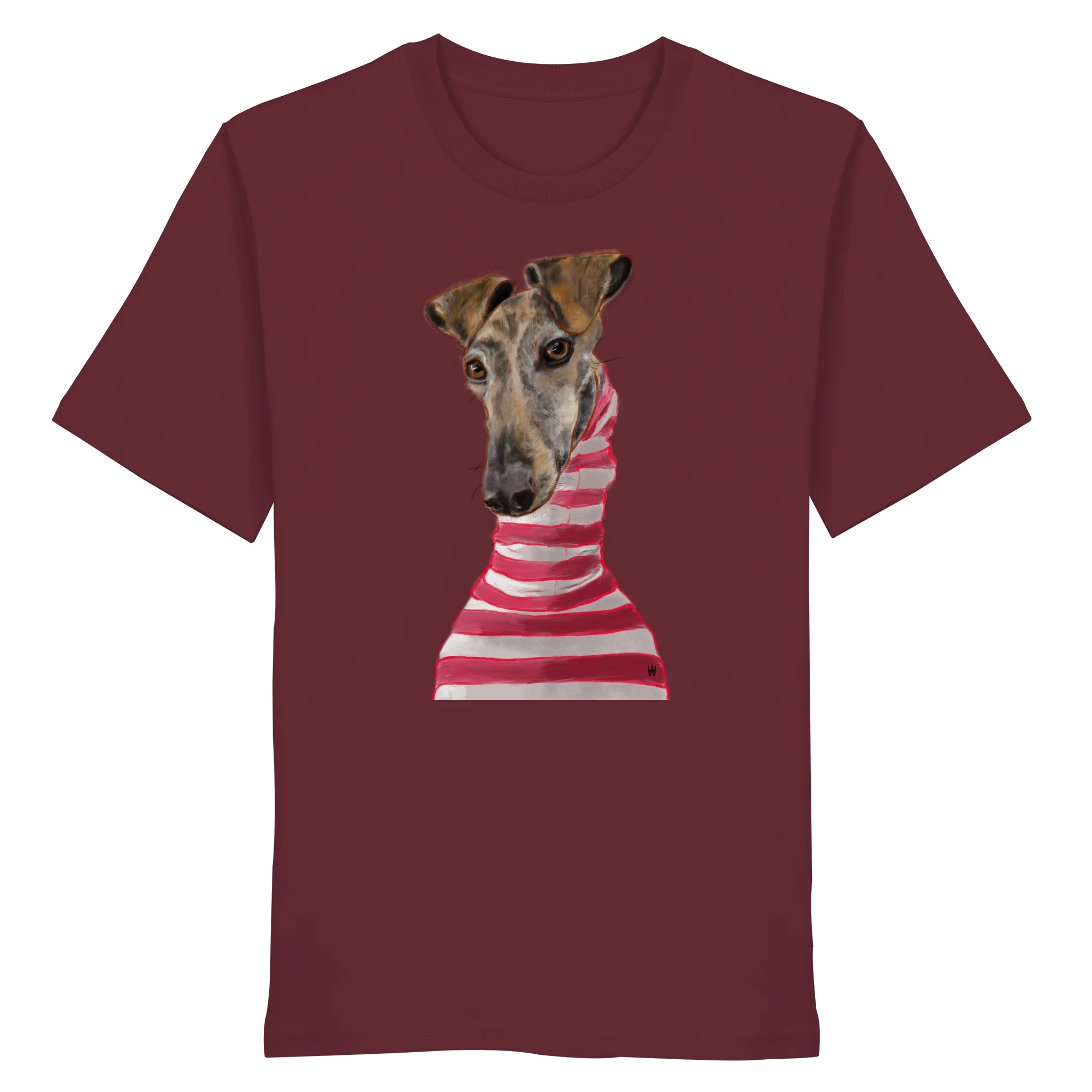 Handgezeichnete Galgo-Illustration Stilvoll auf einem Bio-T-Shirt in Weinrot