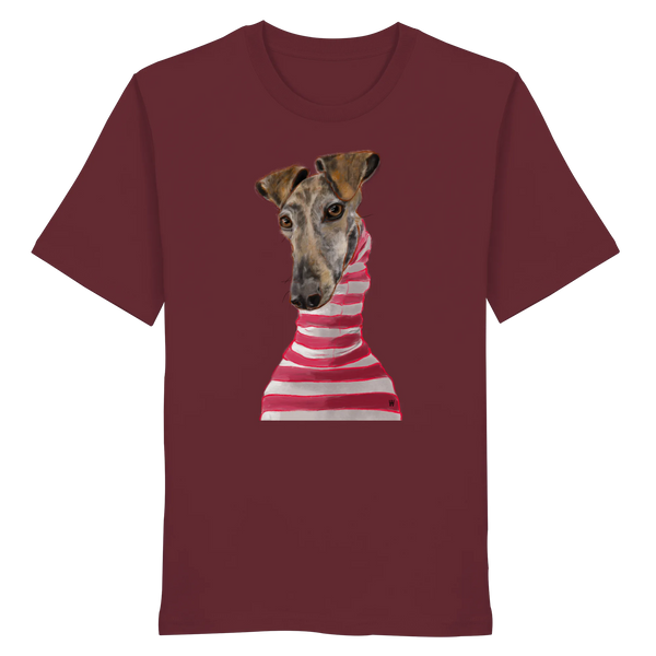 Handgezeichnete Galgo-Illustration Stilvoll auf einem Bio-T-Shirt in Weinrot